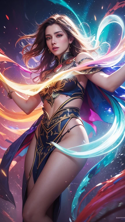 a digital painting of a beautiful woman sorcerer covered in splashing light multic olored , a hyperrealistic painting, figurative art, in multicolored paint, multicolored light, character is covered in light, fantasy art ,dynamic pose, medium long shot, lighting clear and soft effect ,muted background