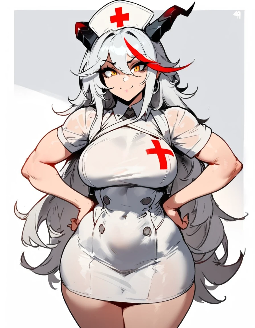 1girl, aegir \(azur lane\), azur lane \\\\\ masterpiece, best quality, very aesthetic, absurdres, newest \\\\\\ sportive body,  \\\\\\ by nyantcha,,by cutesexyrobutts,by khyle ///// white hair with a single prominent red streak, black horns, yellow eyes,  , white (nurse outfit:1.2), skirt, , white pencil skirt, nurse cap, , , a red cross on the cap, standing, (white background:1.2),  rating general, horny smile, hands on hips