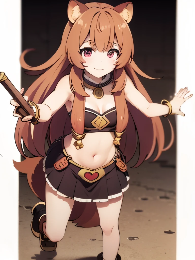 raphtalia, long hair, bangs, brown hair, animal ears, raccoon ears, raccoon tail, raccoon girl, pink eyes, smile mouth, face of happiness, full body