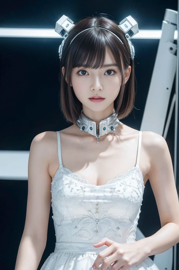 Browsing Caution,((Highest quality、In 8K、masterpiece:1.3))Wearing a silver-white mechanism,A girl with a beautiful face,Best image quality,Ultra Clear,The facial features are delicate and clear,Armageddon,Mechanical Arm,Exquisite detail,(Clatter toes)、Machine Pattern,cyber punk,Hmph