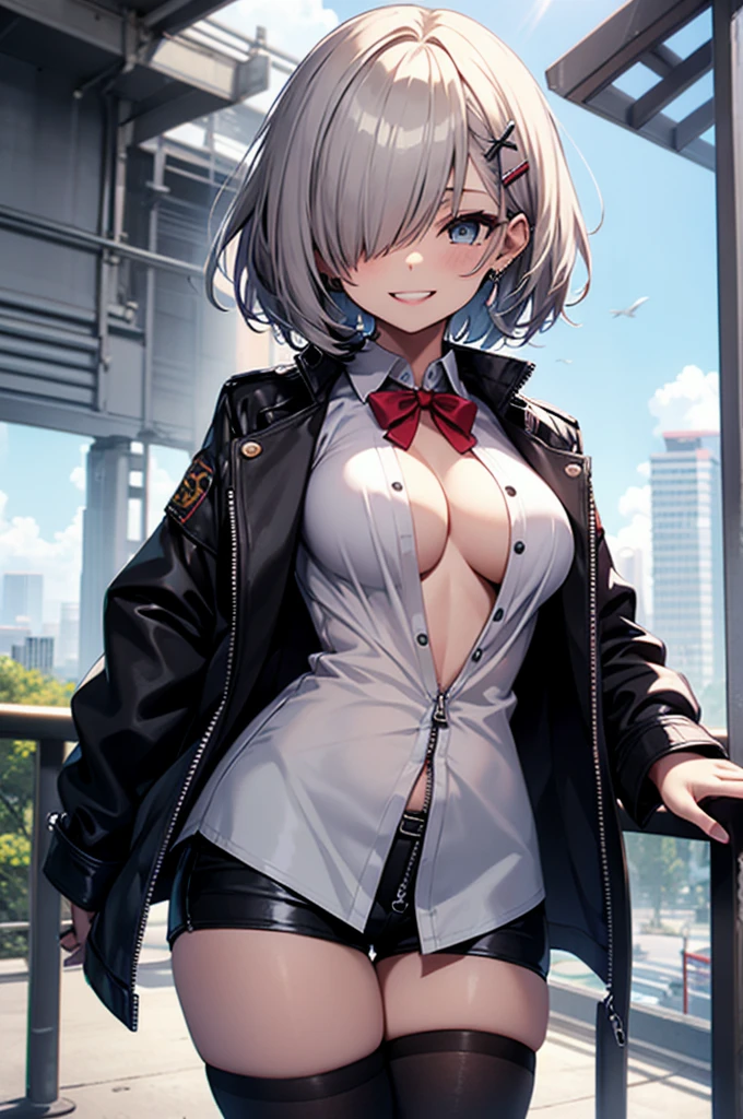 1girl, breasts, solo, smile, eyepatch, cleavage, shorts, short hair, hair ornament, looking at viewer, belt, large breasts, jacket, black shorts, black jacket, long sleeves, white hair, earrings, bangs, shirt, x hair ornament, blue eyes, short shorts, jewelry, cowboy shot, leather, grin, white shirt, detached collar, ribbon, neck ribbon, parted lips, blush, standing, brown belt, collared shirt, building, red ribbon, arms at sides, hairclip, outdoors, thighs, open clothes, navel, blunt bangs, wing collar, open jacket, city, partially unbuttoned, castle, day, leather jacket, teeth, dress shirt, grey hair, one eye covered, buckle, shiny, sky, grey eyes, midriff, ear piercing, belt buckle, leather belt, cityscape, piercing, buttons, collar, bob cut, medium breasts, midriff peek, cloud, tower, shiny clothes, sidelocks, shadow, medium hair, lips, unbuttoned, railing, hair intakes, open mouth, collarbone, blue sky, black belt, skyline, zipper, shiny hair, indoors, cropped jacket, bow, hair over one eye, shiny skin, window, cuffs, no bra, wrist cuffs, latex, skyscraper, arm at side, chain, center opening, skirt, open shirt, thighhighs, cloudy sky, :d, nail polish, hair behind ear, white collar, micro shorts, mole, blazer, partially unzipped, blurry, architecture, blurry background, town, clock tower, black thighhighs, virtual youtuber, hairpin, arch, sunlight, fingernails, zipper pull tab, corset, balcony, sleeve cuffs, stud earrings, red bow, leather pants, pink lips, bowtie, necktie