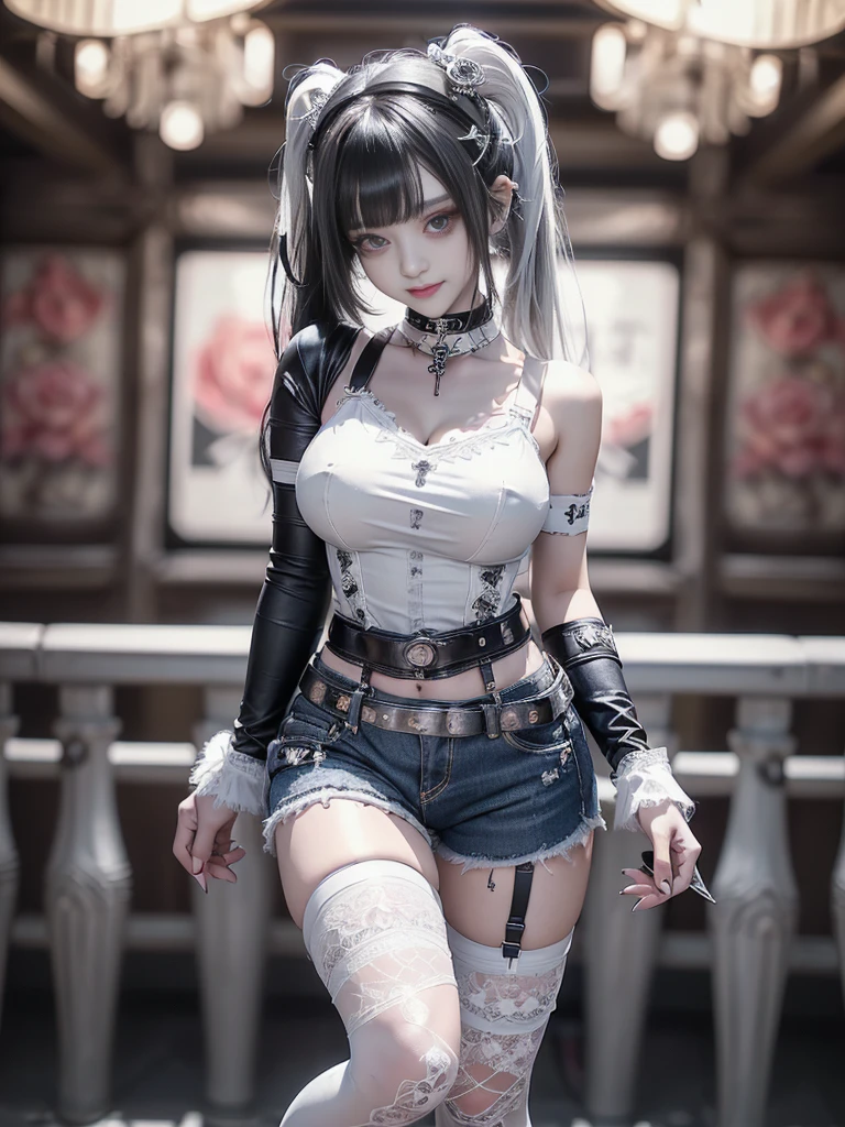 (Full body:1.4)、(Full body:1.2)、(Smiling with teeth showing:1.3),(Shibuya Gal:1.5)、(Neo-goth style fashion:1.5)、(Punk RockVisual Kei:1.4)、(Medieval noble gimp in denim and silver and white:1.5)、(Denim medieval white arm covers and garter shorts:1.5)、(White denim high heels:1.3)、(Wearing silver accessories:1.5)、(Denim collar:1.4)、(White leather garter belt:1.4)、(Brown Skin Belt:1.3)、(White lace underwear:1.5)、20-year-old、NSFW、((Highest quality、In 8K、masterpiece:1.3))、Sharp focus:1.2、(Layered Cut、Huge boobs:1.1),Beautiful woman with perfect figure:1.4、(Dancing vigorously:1.3)、Slender Abs:1.2、Highly detailed face and skin texture、Detailed eyes、double eyelid,(Twin tails:1.3)、(Black brown hair:1.3)、Gravure idol、(The background is a VIP room of a high-class cabaret club surrounded by roses on a sunny day outdoors.:1.3)、(Slim body:1.3),(Make your legs thinner:1.4),（clavicle:1.1）