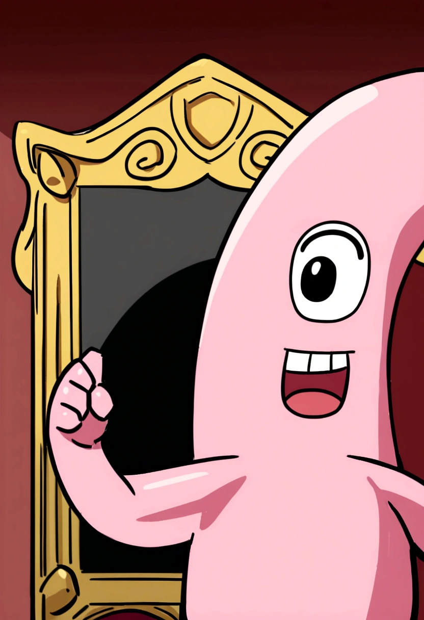 make me a picture of Patrick Star from the movie Spongebob looking in the mirror, but the reflection in the mirror is Majin Boo from the anime Dragonball