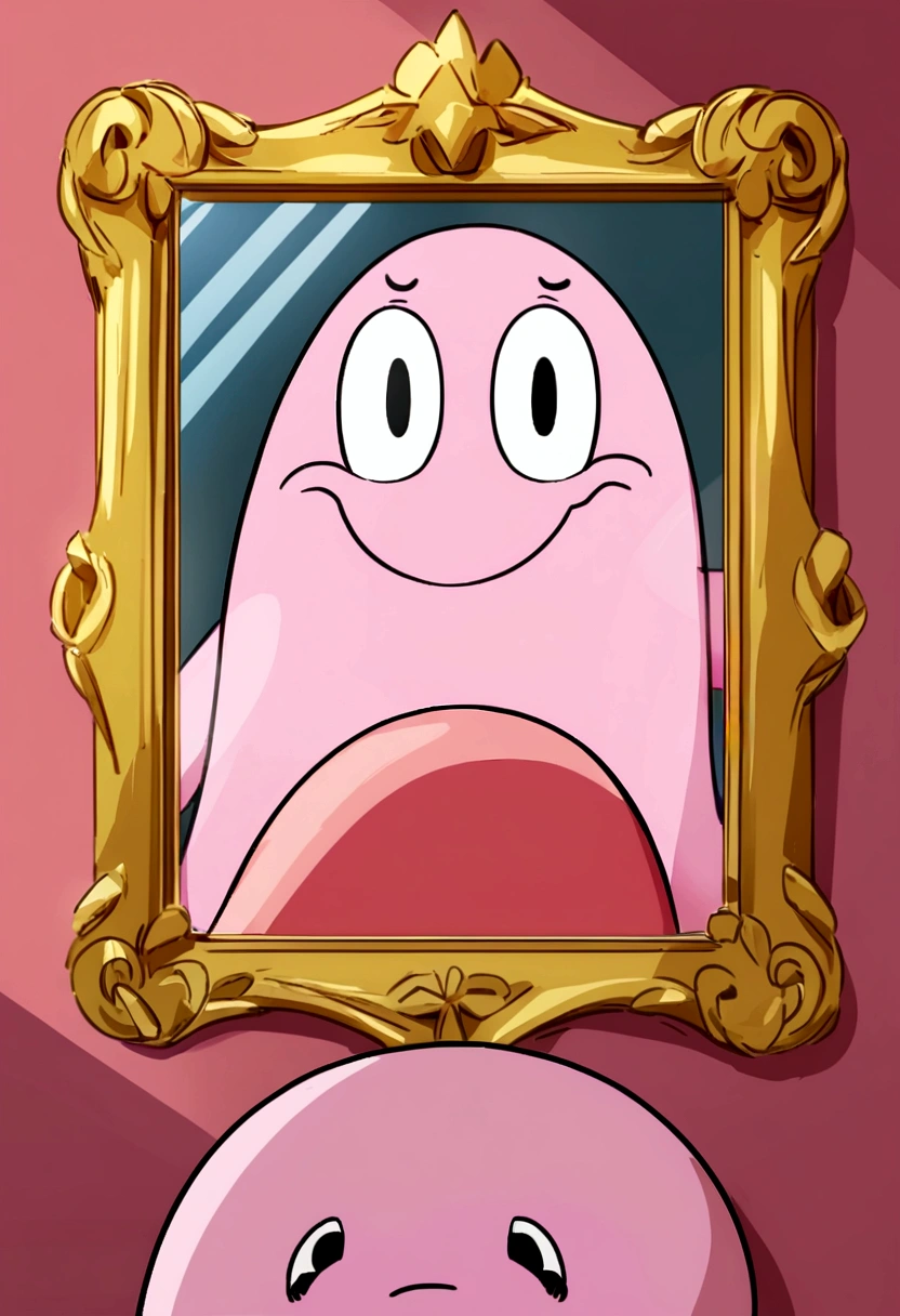 make me a picture of Patrick Star from the movie Spongebob looking in the mirror, but the reflection in the mirror is Majin Boo from the anime Dragonball