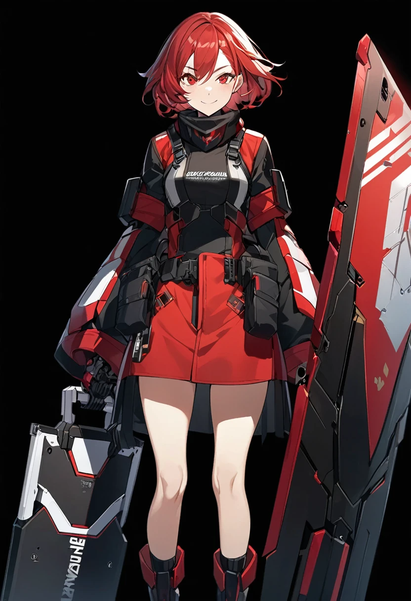 Anime-style woman in black and red outfit holding large shield, Cyberpunk Anime Girl Mecha, Wearing technical clothing, Amazing anime 8k, From Girls Frontline, Mechanized Soldier Girl, Special Assault Team, special forces, M4 Sopmod II Girls Frontline, Official character art, Kashert Kenz, Kshat Garland, ((short length red hair)), innocent, cute, smiling, ((black background)), ((simple background)), ((holding super large shield)), ((Shield as tall as the owner's height)), ((small chest)), ((black long botoms)), ((Kindness)), ((gentleness))