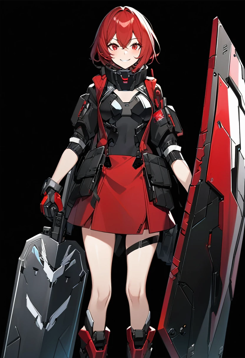 Anime-style woman in black and red outfit holding large shield, Cyberpunk Anime Girl Mecha, Wearing technical clothing, Amazing anime 8k, From Girls Frontline, Mechanized Soldier Girl, Special Assault Team, special forces, M4 Sopmod II Girls Frontline, Official character art, Kashert Kenz, Kshat Garland, ((short length red hair)), innocent, cute, smiling, ((black background)), ((simple background)), ((holding super large shield)), ((Shield as tall as the owner's height)), ((small chest)), ((black long botoms)), ((Kindness)), ((gentleness))