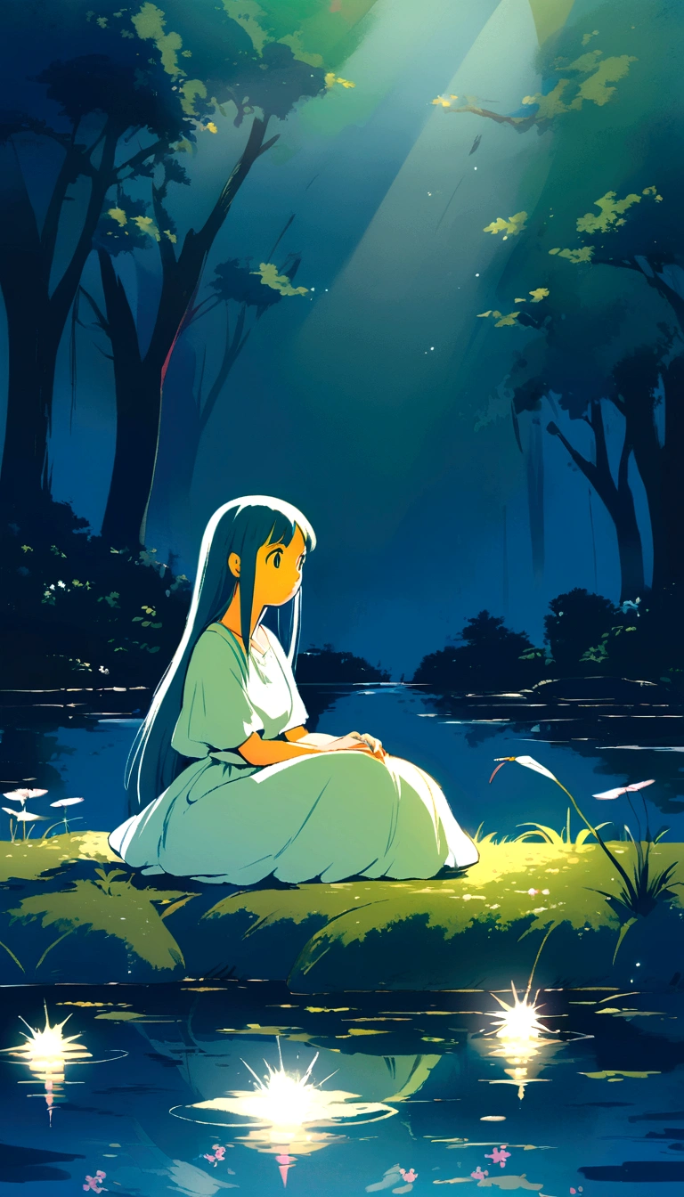 illustration of a girl an a heron sitting in a pond in studio ghibli style