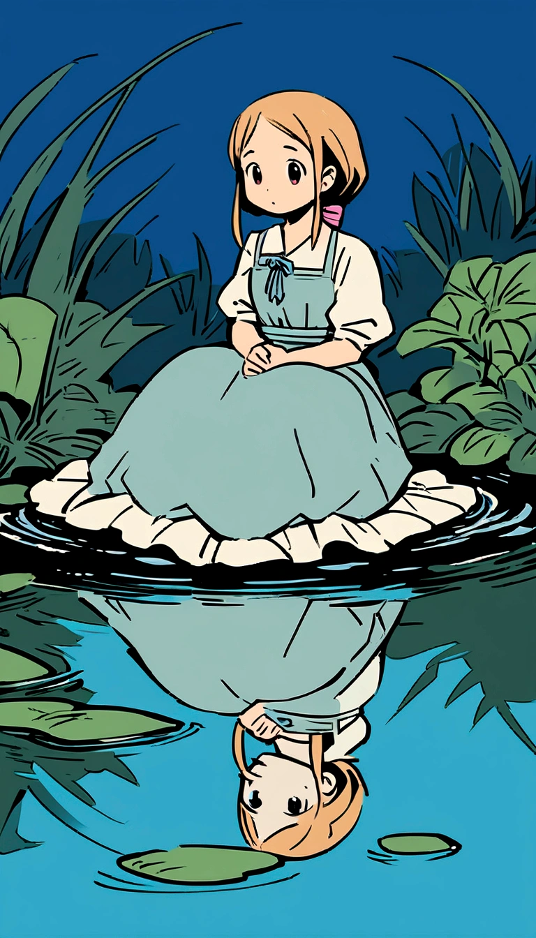 illustration of a girl an a heron sitting in a pond in studio ghibli style