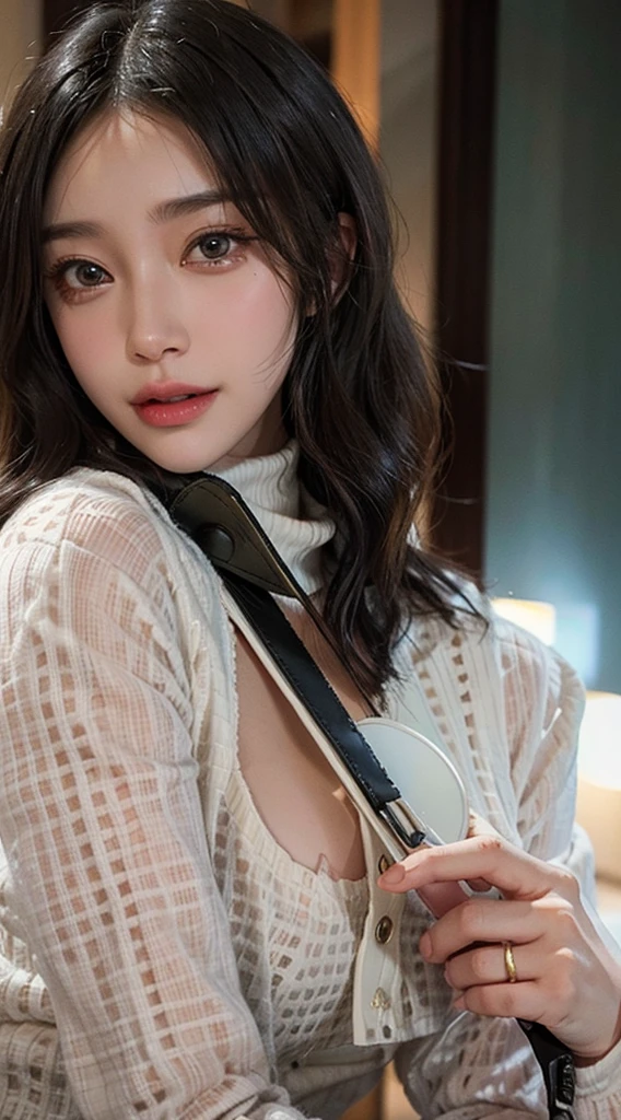 ((Mature woman sitting in front of hotel lobby)),((turtleneck shirt:1.3)). 40k, Photography, masutepiece, Best Quality, dark grey background, ((Mature Women, waifu, mami, A MILF)), ((voluptuous breasts)), Perfect face, perfect tits, ((The chest is huge)), ((One girl with brown eyes and gorgeous bright black hair)). a Pretty Japanese woman,completely soft chest and white skin,, ((Very soft breasts)). Ultra-detailed face, Detailed eyes, embarrassed, Smile, Summer, Daytime, (((Slave Collar))), Half body, with cleavage dress soft breasts realistic realistic photo real real