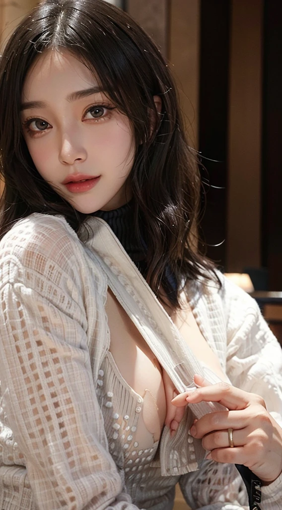 ((Mature woman sitting in front of hotel lobby)),((turtleneck shirt:1.3)). 40k, Photography, masutepiece, Best Quality, dark grey background, ((Mature Women, waifu, mami, A MILF)), ((voluptuous breasts)), Perfect face, perfect tits, ((The chest is huge)), ((One girl with brown eyes and gorgeous bright black hair)). a Pretty Japanese woman,completely soft chest and white skin,, ((Very soft breasts)). Ultra-detailed face, Detailed eyes, embarrassed, Smile, Summer, Daytime, (((Slave Collar))), Half body, with cleavage dress soft breasts realistic realistic photo real real