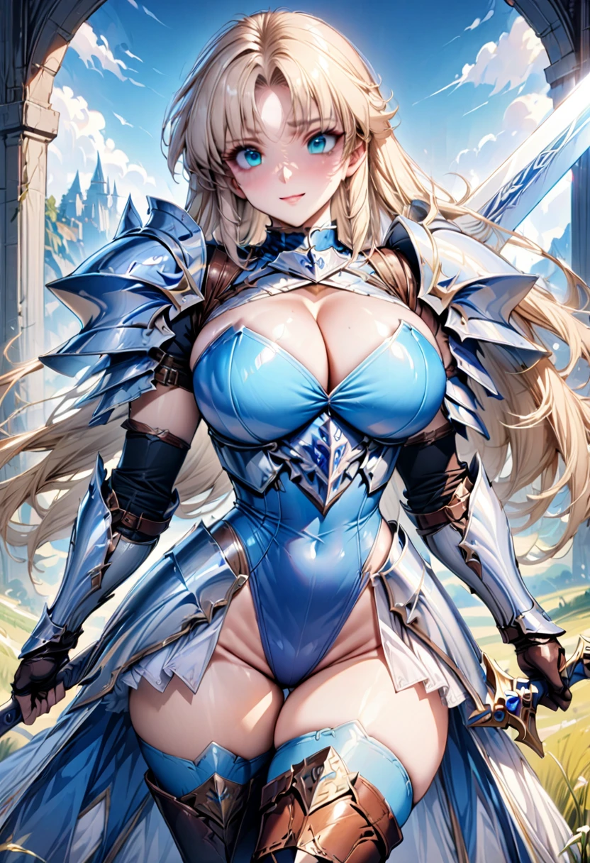 ((highest quality)), ((masterpiece)), ((hyperrealistic)), (detailed background), solo, 1girl, ((curvy: 1.2)), kawaii, gentle smile, ((Princess Knight)), langrisser, blonde braided long hair, ((azure leotard: 1.5)), (white paladin armor: 1.3), ((ArmoredDress)), ((Tight-fitting leotard bodysuit)),((Wielding sword: 1.2)), Holding a Sword, swing down the Sword, Sword at the ready, hold the handle of a Sword, ((large )), ((arm guard gauntlet)), leather long gloves, ((zettai ryouiki thigh boots)), (big butt), avage cuGroin), (thigh), beautiful aqua eyes, droopy eyes, parted bangs, perfect face, Perfect hands, perfect fingers, Blue sky and grassland,