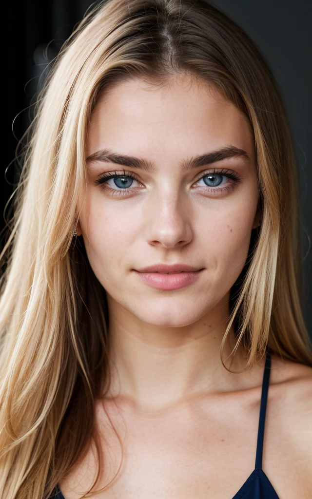 professional, (8K photo:1,1), (Focus:1,3), high detail, playful 18 year old Italian girl, (attractive young woman:1.3), (seductive:1.1), beautiful detailed face, blue eyes, blonde hair, (blushing:1.1), Beautiful young and athletic body, Beautiful breasts:1.2, beautiful smile, look into the camera, full face close up, (background inside dark, moody, private studio