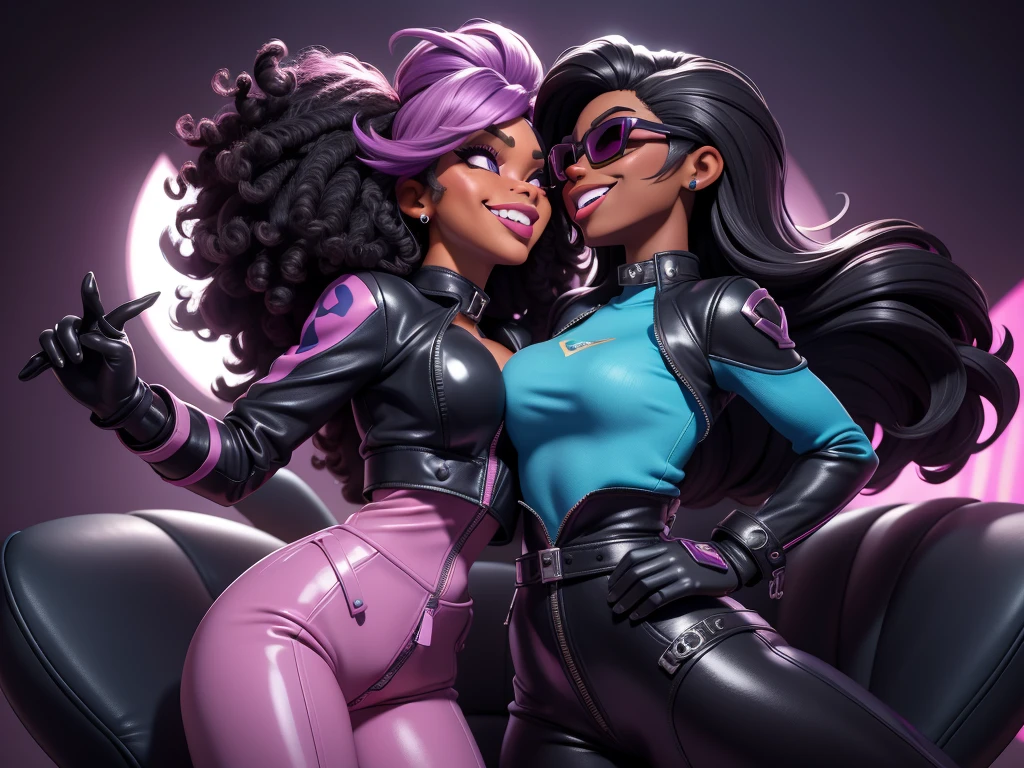 obra prima, melhor qualidade, ((harris faulkner, dark skin, bushy black afro style hair,)) head back, sassy wicked, open mouth, ((big teeth smile, shiny periwinkle lipstick, sunglasses,)) thick smoky black eye shadow, long fake eyelashes, sticking tongue out, (cerulean blue leather jacket with bob shoulder,) biker jacket has stiff collar, leather blouse, (magenta pvc skinny pants open front zipper,) studs zippers snaps, shiny leather gloves, nip slip, body is skinny, laying down hugging each other on sofa, shiny tight buttocks, arched back, mashing breasts, ((passionate kissing,)) camera view of whole body, looking up at me, shallow depth of field, highres, HD, 8k, anatomically correct