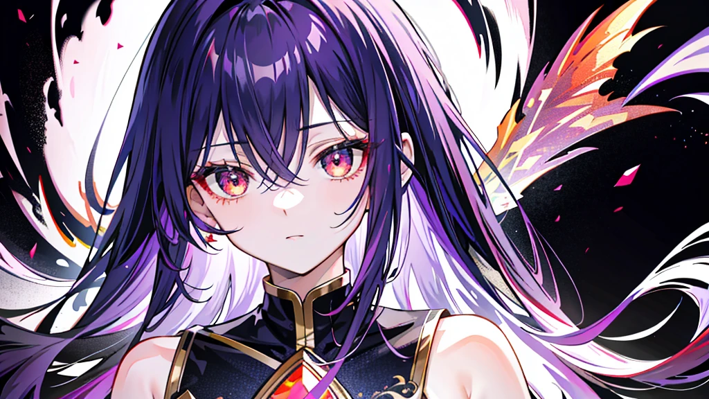 masterpiece, Highest quality, 8K,Pitch black background,（masterpiece，Side slits，Beautiful Eyes：1.2），（masterpiece*Sports Late），Sports Late，bust，（bust），Genuine，Anatomically correct， face，Shiny skin，（alone），Purple hair and a dyed pickaxe，Gradient Hair，（face close-up），素敵なface，（Fire opal-like red eyes），Drooping eye corners，（（Skin with attention to detail，I can see my pores）），（Perfect body），beautiful girl，Small breasts，（（woman&#39;Super Short Shawl Leather Jacket）），（（School_uniform）），（Neck Ring），Very short gloves，（rock），（Laser material clothing：1.2）,Blue Neon,night, Shining Eyes, Black light