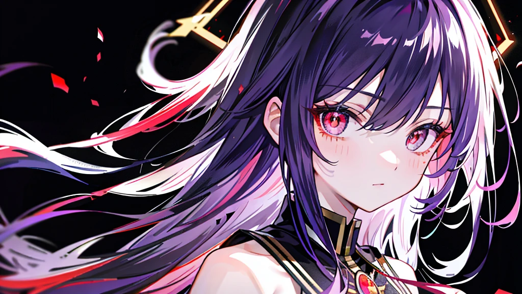 masterpiece, Highest quality, 8K,Pitch black background,(masterpiece,Side slits,Beautiful Eyes:1.2),(masterpiece*Sports Late),Sports Late,bust,(bust),Genuine,Anatomically correct, face,Shiny skin,(alone),Purple hair and a dyed pickaxe,Gradient Hair,(face close-up),素敵なface,(Fire opal-like red eyes),Drooping eye corners,((Skin with attention to detail,I can see my pores)),(Perfect body),beautiful girl,Small breasts,((woman'Super Short Shawl Leather Jacket)),((School_uniform)),(Neck Ring),Very short gloves,(rock),(Laser material clothing:1.2),Blue Neon,night, Shining Eyes, Black light