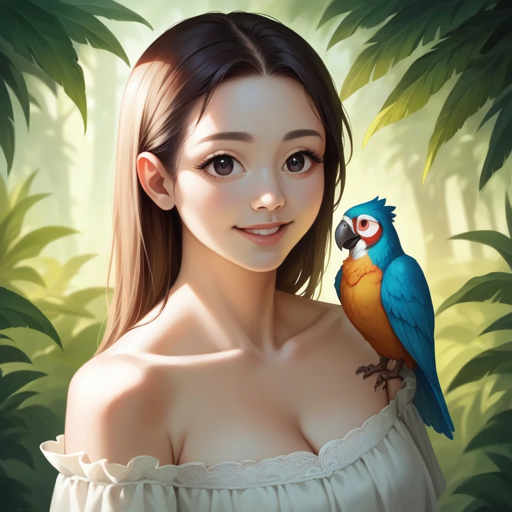 a young asian woman, off-shoulder white dress, holding parrot, tropical forest background, beautiful detailed eyes, beautiful detailed lips, extremely detailed face, long eyelashes, smiling, intricate detailed clothing, stunning scenery, muted colors, natural lighting, cinematic, photorealistic, 8k, best quality, masterpiece