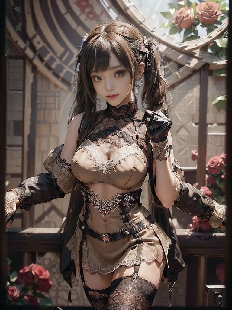 (Full Body View:1.2)、(Full body:1.3)、(Smiling with teeth showing:1.3),(Shibuya Gal:1.5)、(PLAYBOY girl:1.3)(Neo-goth style fashion:1.5)、(Idol Costumes:1.4)、(Medieval royal knitted miniskirt nightdress in wine, dark brown and beige with decorations:1.5)、(Black, brown and beige gloves and a Compression shirt:1.5)、(Denim high heels:1.3)、(Wearing silver accessories:1.5)、(Lace collar:1.4)、(Leather garter belt:1.4)、(Brown Skin Belt:1.3)、(Black lace underwear:1.5)、20-year-old、(Doing an aerobics pose:1.3)、((Highest quality、In 8K、masterpiece:1.3))、Sharp focus:1.2、(Layered Cut、Huge boobs:1.1),Beautiful woman with perfect figure:1.4、(Dancing vigorously:1.3)、Slender Abs:1.2、Highly detailed face and skin texture、Detailed eyes、double eyelid,(Twin tails:1.3)、(Brown-golden hair:1.3)、Gravure idol、(The background is a VIP room of a high-class cabaret club surrounded by roses on a sunny day outdoors.:1.3)、(Slim body:1.2),(Thin thighs:1.4),(clavicle:1.1)
