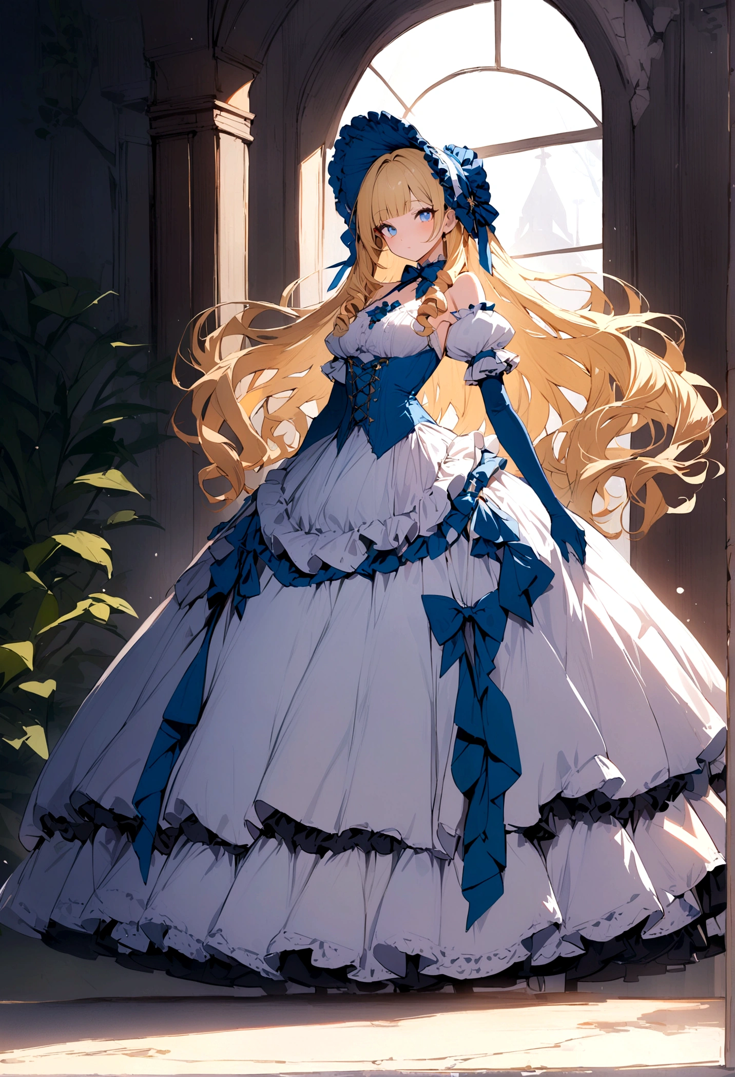 Curls,blonde hair,blue eyes,long eyelashes,victorian big puffy ballgown,short puffy sleeves,frilly,elbow gloves,long hair,fringe bangs,side curls,fullbody,standing,masterpiece,puffy skirt,highres,big puffy light blue ballgown,bows on the skirt,white puffy sleeves,fullbody,ballgown+,looking at viewer+,blonde hair,layered dress,lace-trimmed dress,bodice,highres,1girl,masterpiece
highres,bonnet