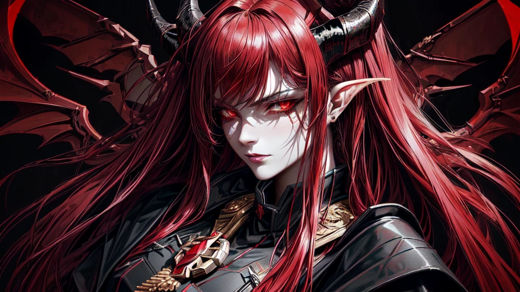 A succubus with horns,black wings,wearing Red LIla military uniform,decorated medals,highly detailed face,beautiful eyes,sharp facial features,flawless skin,seductive expression,dark fantasy,dramatic lighting,cinematic composition,chiaroscuro,digital painting,muted colors,moody atmosphere