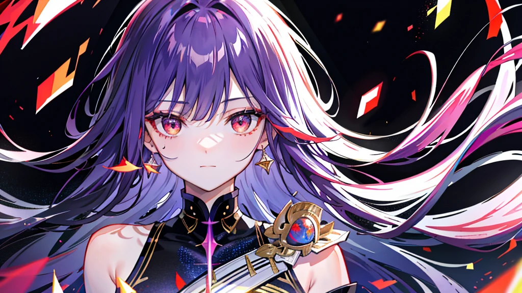 masterpiece, Highest quality, 8K,Pitch black background,(masterpiece,Side slits,Beautiful Eyes:1.2),(masterpiece*Sports Late),Sports Late,bust,(bust),Genuine,Anatomically correct, face,Shiny skin,(alone),Purple hair and a dyed pickaxe,Gradient Hair,(face close-up),素敵なface,(Fire opal-like red eyes),Drooping eye corners,((Skin with attention to detail,I can see my pores)),(Perfect body),beautiful girl,Small breasts,((woman'Super Short Shawl Leather Jacket)),((School_uniform)),(Neck Ring),Very short gloves,(rock),(Laser material clothing:1.2),Blue Neon,night, Shining Eyes, Black light