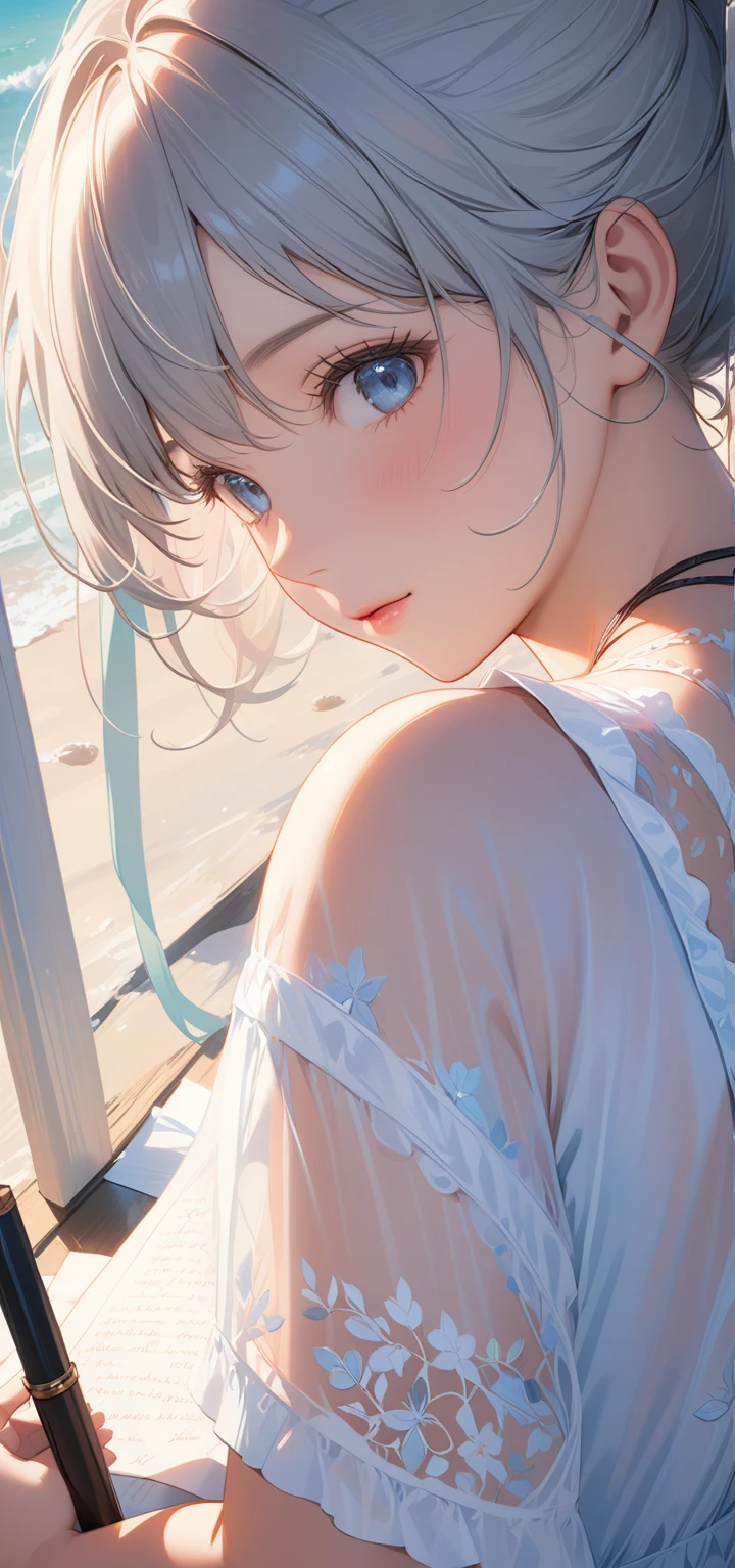 masterpiece, Highest quality, Super Detail, 8K, Detail Light, Detailed Shadows, born, (Delicate skin), (Genuine: 1.2),, 1 Girl, Gray Hair, one piece ，Eye close-up, write
