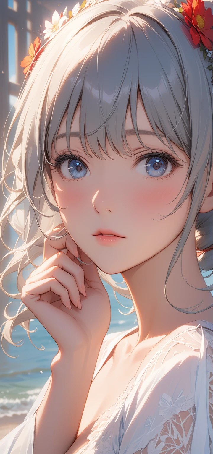 masterpiece, Highest quality, Super Detail, 8K, Detail Light, Detailed Shadows, born, (Delicate skin), (Genuine: 1.2),, 1 Girl, Gray Hair, one piece ，Eye close-up, write