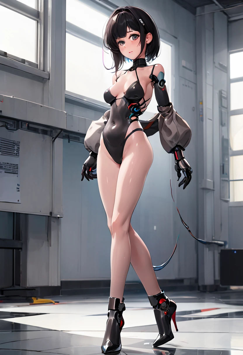 A sexy robot femboy in high heels, robot skin, penis