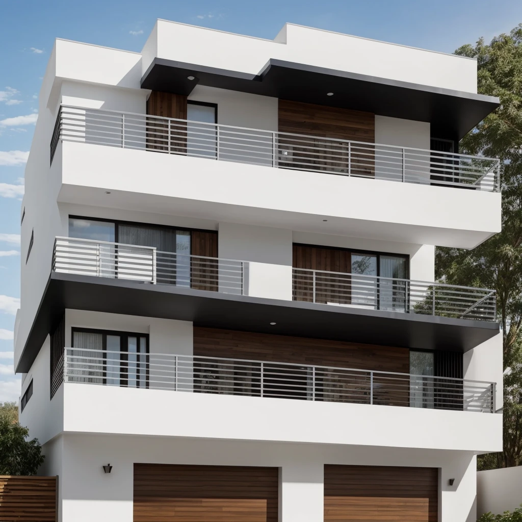 High-res modern townhouse facade, 5 meters wide, black and white, balcony, wooden louvers, sleek, contemporary, clean lines, minimalist, elegant, sophisticated