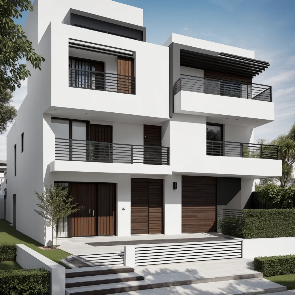 High-res modern townhouse facade, 5 meters wide, black and white, balcony, wooden louvers, sleek, contemporary, clean lines, minimalist, elegant, sophisticated