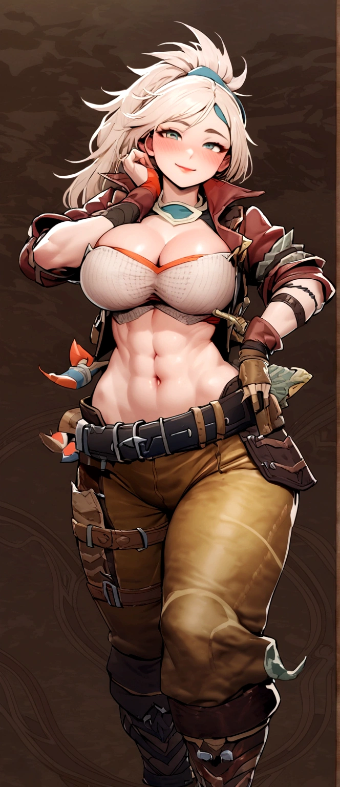 ((monsterhunter)), looking the viewer, solo, girl, shy, red cheek, bashful, embarrassed, smiling, perfect face, muscular, ((big breasts)), ((big boobs)),  long hair, beautiful eye, warrior
