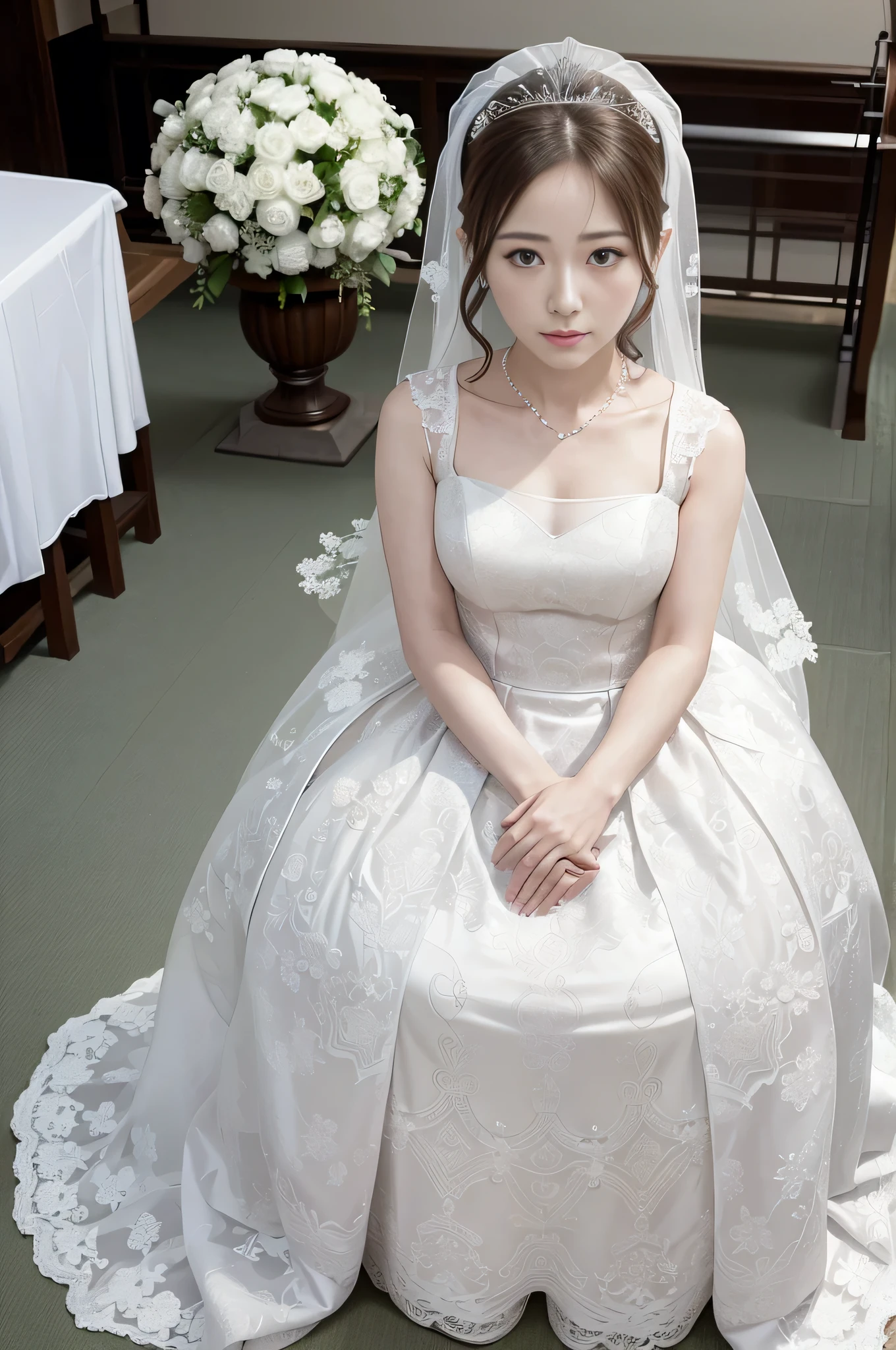 Haruno sakura, ((alone)), alone, bride, Wearing a white wedding dress, Queen, Happy, ((Show your forehead)), Are standing, Entering the Church, delicate, young,  Detailed face, High resolution, ((whole body)), (Flowers around her), whole body, she is a beautiful woman getting married, High quality face, beautiful, Shine