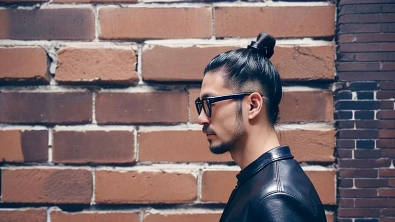 japanese,((Wearing a dark navy leather shirt)) ((Startup CEO)) ((male)) ((37 years old)) ((The hairstyle is a two-block man bun.)) ((The background is an outdoor brick building)) ((Like the profile picture)) ((Cool image)) Look diagonally forward,Glasses