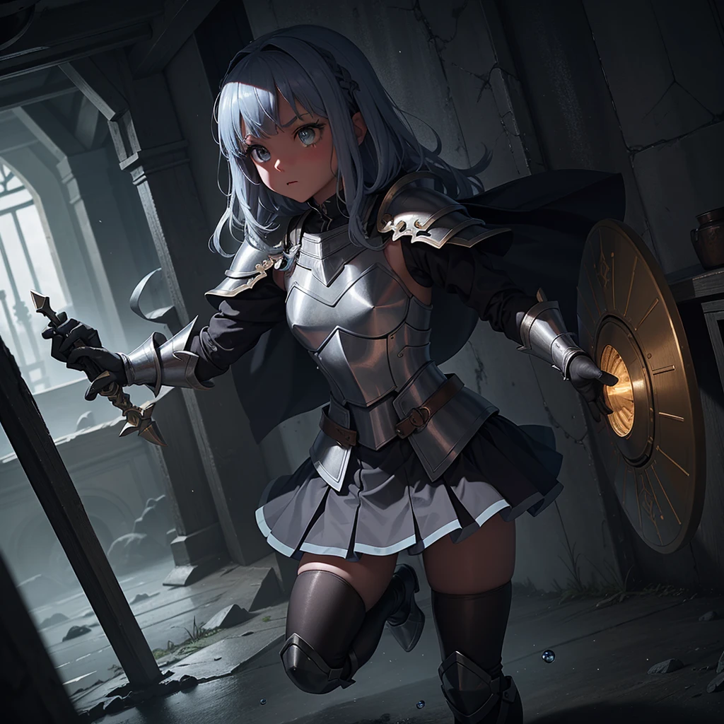 最high quality、high quality、Simple Cloth Armor、10 year old girl adventurer、Pitch-dark underground labyrinth、No light、skirt、Equipped with a dagger and a shield, Lower body underwater, Lower body underwater撮影、浮力でskirt捲れる