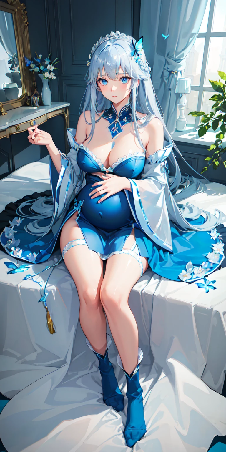 (Top view),Dynamic Angle,Extremely detailed, illustration, close up, straight on, 1 Girl, (fantasy:1.4), (Blue eyes:1.233),Her eyes shone like Dreamy stars,(Glowing eyes:1.233),(Beautiful and delicate eyes:1.1),(Silver Hair:1.14),(Messy hair,Very long hair,French Braid,Hair between the eyes,Side lock), (+(Blue hair flowers:1.14)),(Chiffon Dress,Blue flower pattern)/=(military uniform:1.24),(Separate sleeves,Wide sleeves),(Fingerless gloves),Necklace,(miko knee-high socks),high-heel boots,(Poker face,Shut up),(permanent), (Classical princess boudoir with dressing table and French windows in a white old palace),(White flowers,bloom),(deep sea),(flowing water),(a dull blue world tree:1.14),(ruins),(night:1.2),Dreamy,soul,(Fluorescence),(Flying translucent blue butterfly:1.15), [[Slender fingers and hands:0.55]::0.85],(Detail fingers),(yubao:0.5),Pregnant，Big breasts