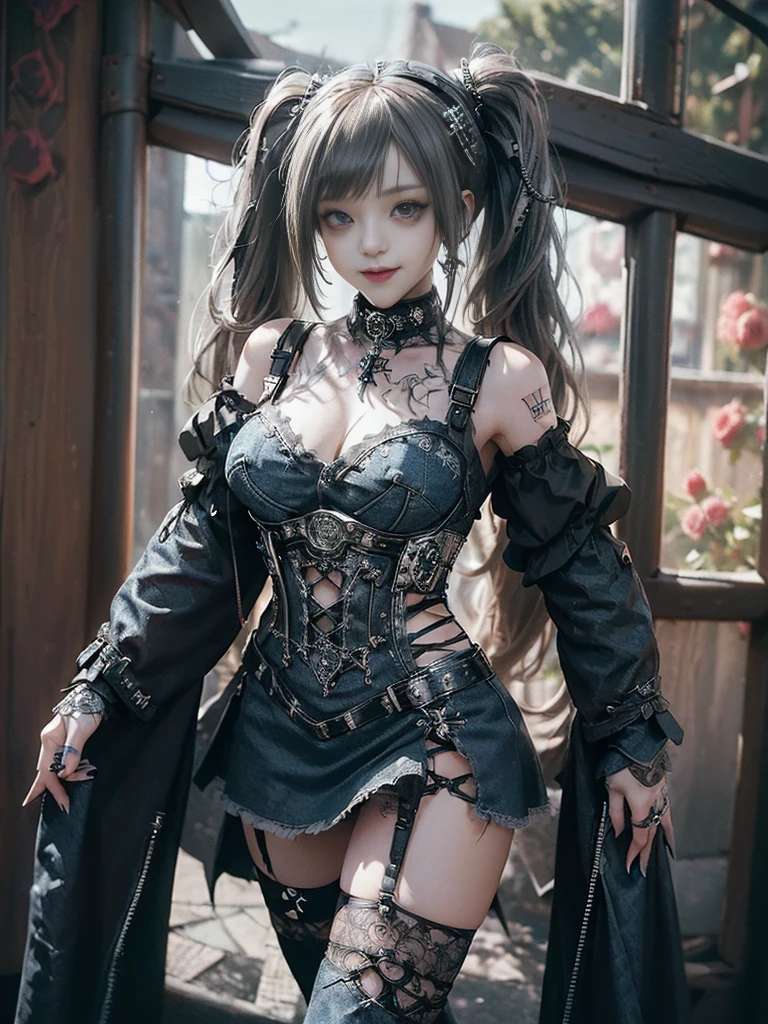 (Smiling with teeth showing:1.3),(Shibuya Gal:1.5)、(Gothic Lolita style fashion:1.5)、(Punk RockVisual Kei:1.4)、(Denim and black and white medieval noble mini skirt dress:1.5)、(Denim and black and white medieval arm covers and bustier:1.5)、(Denim high heels:1.3)、(Wearing silver accessories:1.5)、(Denim collar:1.4)、(Black Leather Garter Belt:1.4)、(Brown Skin Belt:1.3)、(Black lace underwear:1.5)、20-year-old、NSFW、((Highest quality、In 8K、masterpiece:1.3))、Sharp focus:1.2、(Layered Cut、Huge boobs:1.1),Beautiful woman with perfect figure:1.4、(Dancing vigorously:1.3)、Slender Abs:1.2、Highly detailed face and skin texture、Detailed eyes、double eyelid,(Twin tails:1.3)、(Brown-golden hair:1.3)、Gravure idol、(The background is a VIP room of a high-class cabaret club surrounded by roses on a sunny day outdoors.:1.3)、(Slim body:1.2),(Make your legs thinner:1.4),(clavicle:1.1)