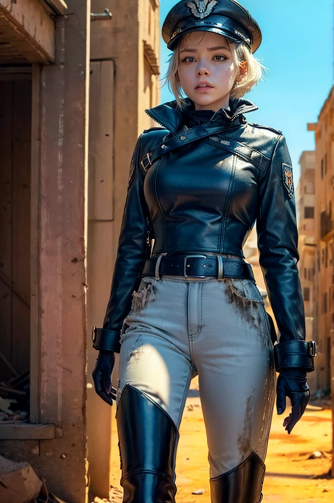 Create a realistic image of a young woman in her early 20s with short white hair, wearing a military cap, walking in a post-apocalyptic world. Here are the important details for the image:
Environment:
Desolate and barren landscape with rugged terrain and minimal vegetation.
Overcast, gray sky with clouds of dust and debris swirling in the air.
Ruins of buildings and abandoned vehicles scattered across the ground.
Main Character:
A young woman with a strong and determined presence, exuding confidence.
Short, white hair styled neatly under a military cap.
Wearing black leather clothing: a sleek leather jacket and tight leather pants.
A long, flowing black overcoat that billows slightly as she walks.
A white corset worn over the black leather, adding a striking contrast.
White high-heeled, knee-high boots, practical yet stylish, with a high heel for added presence.
Accessories:
A military-style cap with insignia, adding to her authoritative look.
Subtle survival gear integrated into her outfit, such as utility belts and pouches.
Visible weapons, such as a knife sheathed on her belt or a sleek firearm holstered at her side.
Telltale tattoos or scars visible on her neck or hands, hinting at her survival story.
Lighting and Tones:
Soft, diffused lighting, filtered through the dusty air, creating subtle shadows and highlights.
A color palette dominated by dark tones with stark contrasts: black leather, white corset, white boots, and the gray, muted background.
Dynamics:
The young woman is in motion, striding forward with determination and purpose.
Dust and debris being kicked up around her boots as she moves, adding a sense of action and movement to the scene.
Use these details to create a rich and engaging image that captures the essence of a post-apocalyptic world, emphasizing the strength, determination, and style of the main character.