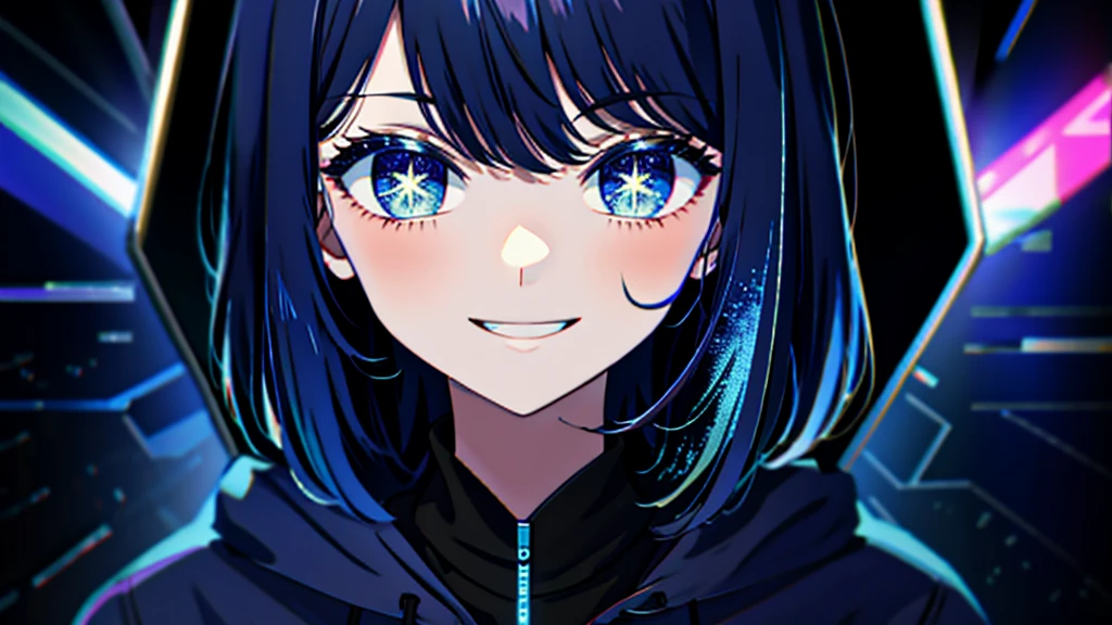 masterpiece, Highest quality, 8K,Detailed Background, masterpiece, Highest quality, smile, ornament, hoodie, Portraiture, Blue Neon, graffiti, dark, night, Shining Eyes, Black light
