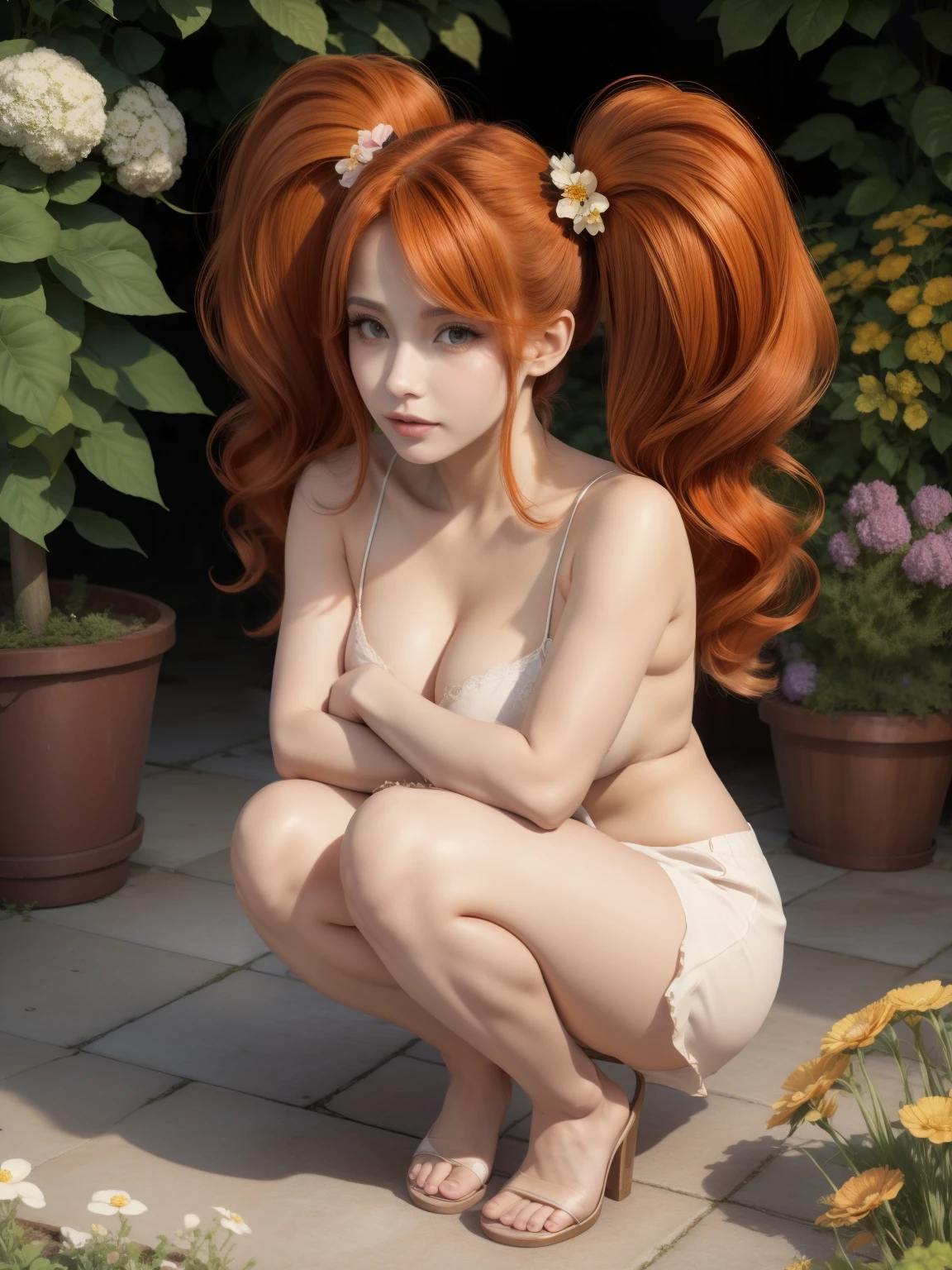 beautiful woman with orange hair (mega twintails) 8k, masterpiece, highly detailed, nude, large breasts, exposed breasts, full body, solo, squatting, Garden, Flowers.
