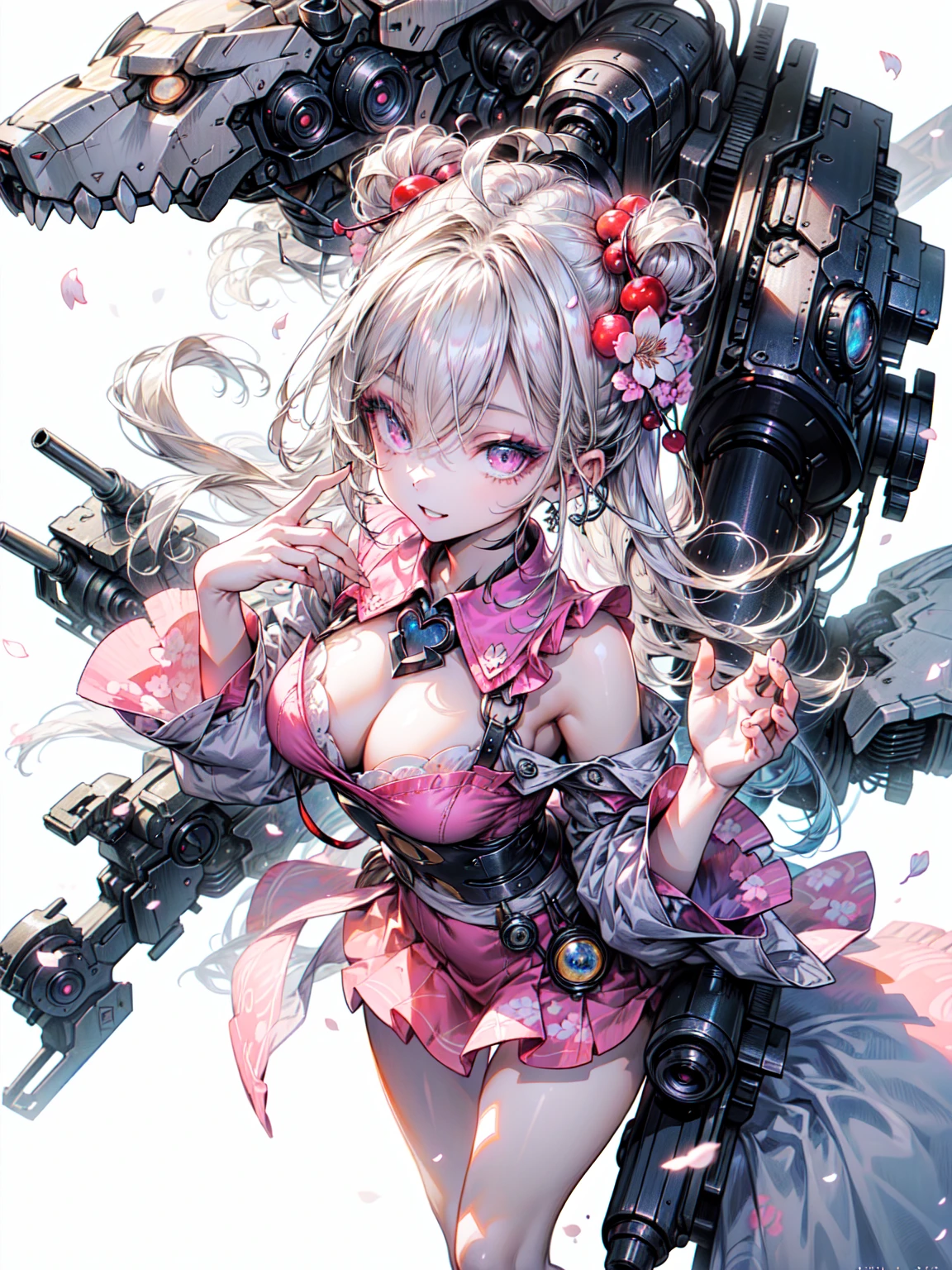 super high quality、8K quality、High resolution、Image quality captured with a single-lens reflex camera、(SFW)、Perfect Anatomy、(cherry blossoms🌸がテーマ）Oiranメカガール、Beautiful blonde 20 year old girl.Orange eyes、(Good shape、Normal chest、Cleavage)、3D realistic black machine parts、（Shoulders and one leg are exposed:1.2）(Rear mechanical unit)、break(Wear a bright pink outfit、Long hem、Oiran:1.2)(Mechanical parts below the elbow and knee:1.3)break、（Perfect Anatomy:1.4）break(Cherry-blossom viewing、Raise one hand、avert your eyes:1.2)cherry blossoms々(渡月橋の周囲に舞うcherry blossomsの花びら:1.3)(Portrait Angle、Top view:1.3)、break、(Dark Elf), (1 Girl), alone, Perfect Face, Get used to it, Ahoge, ((Long Hair:1.2)), (Hair above one eye:1.3), [[Messy Hair]], Shiny blonde white hair, Purple eyes, Variegated eyes, Colorful Hair, Shining Eyes, (eyelash, eye shadow, pink eye shadow), bright, smile, Design Art：Haruhiko Mikimoto, by Kawashi, By Yoshitaka Amano, Dark Skin
