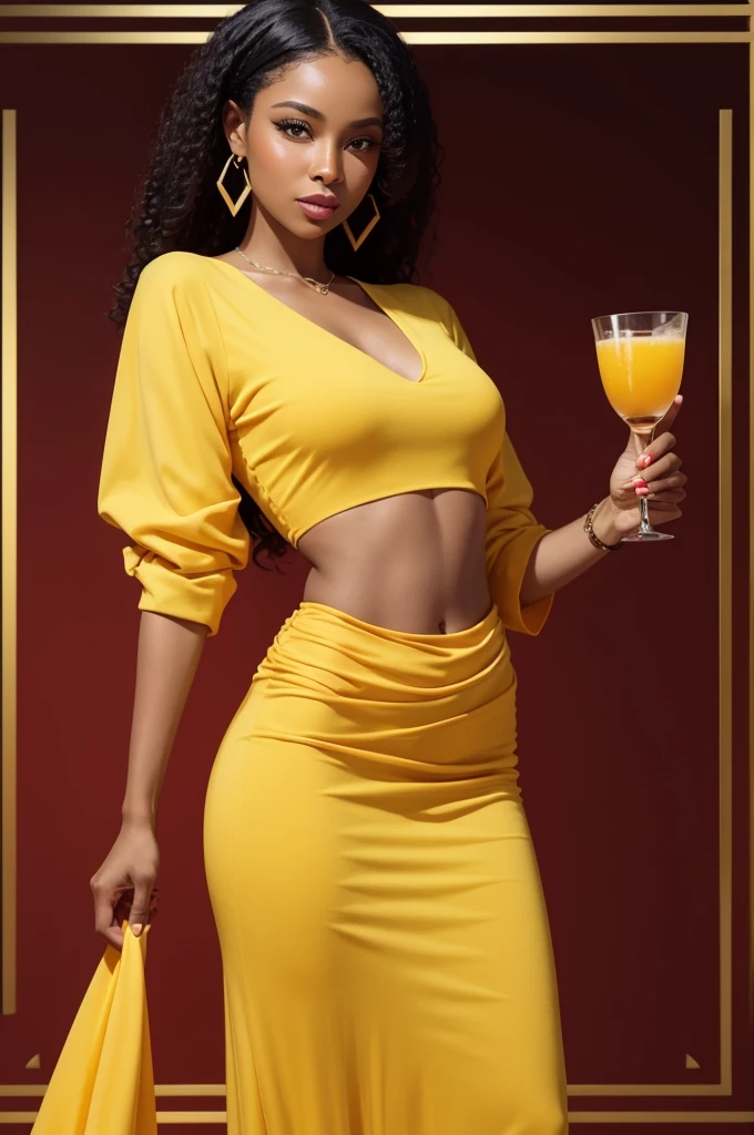 Drink label written Malandra, Elegant black woman, holding a glass of drinks in one hand and a mango fruit in the other, soft yellow and red clothes, Geometric background