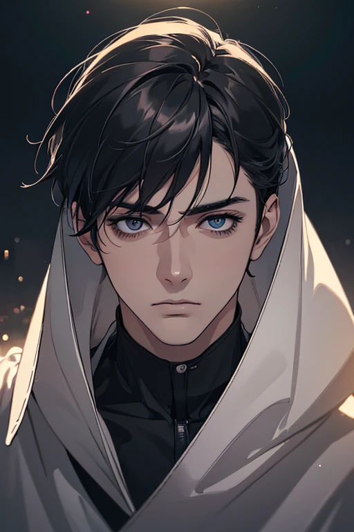 (best quality digital art digital illustration 4k high resolution beautiful image hyper-detailed image perfect lines soft lighting night environment soft zoom perfect face) (1:1 photorealistic) (neutral colors hdr 1.4) an adult 25 year old man (melancholic expression) very beautiful eyes black medium black hair modern clothes (blurred dark background)