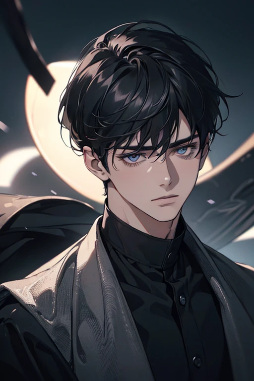 (best quality digital art digital illustration 4k high resolution beautiful image hyper-detailed image perfect lines soft lighting night environment soft zoom perfect face) (1:1 photorealistic) (neutral colors hdr 1.4) an adult 25 year old man (melancholic expression) very beautiful eyes black medium black hair modern clothes (blurred dark background)