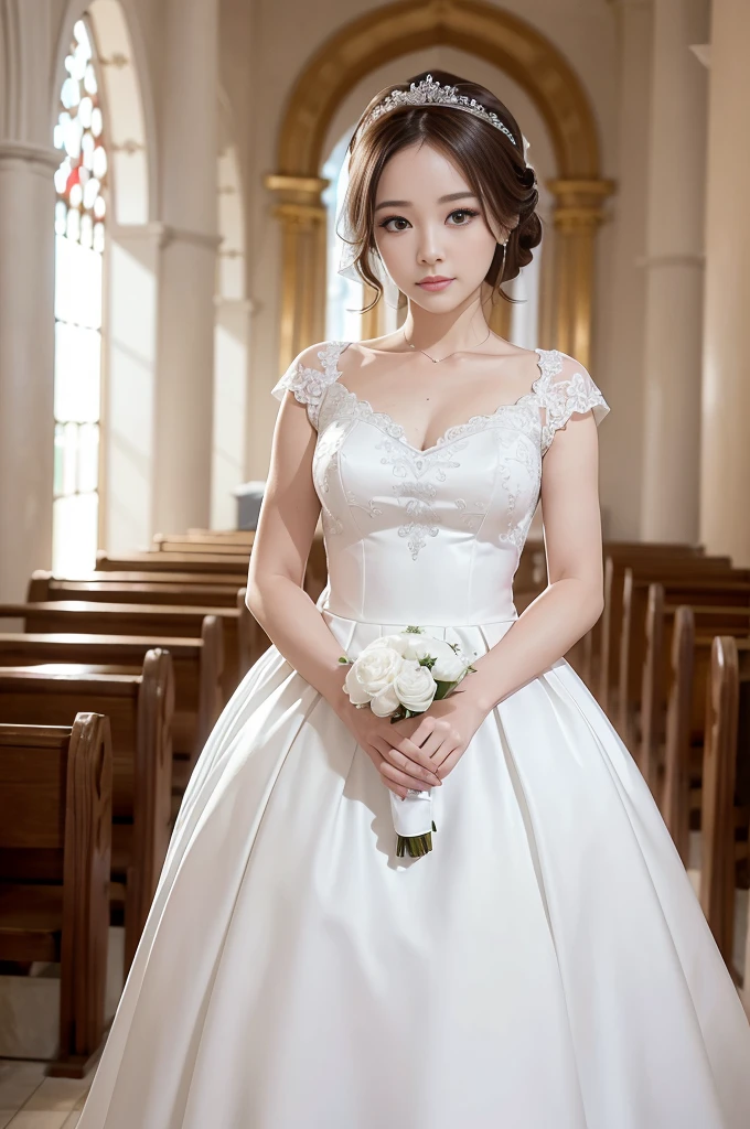  ((alone)), alone, bride, Wearing a white wedding dress, Queen, Happy, ((Show your forehead)), Are standing, Entering the Church, delicate, young,  Detailed face, High resolution, ((whole body)), (Flowers around her), whole body, she is a beautiful woman getting married, High quality face, beautiful, Shine