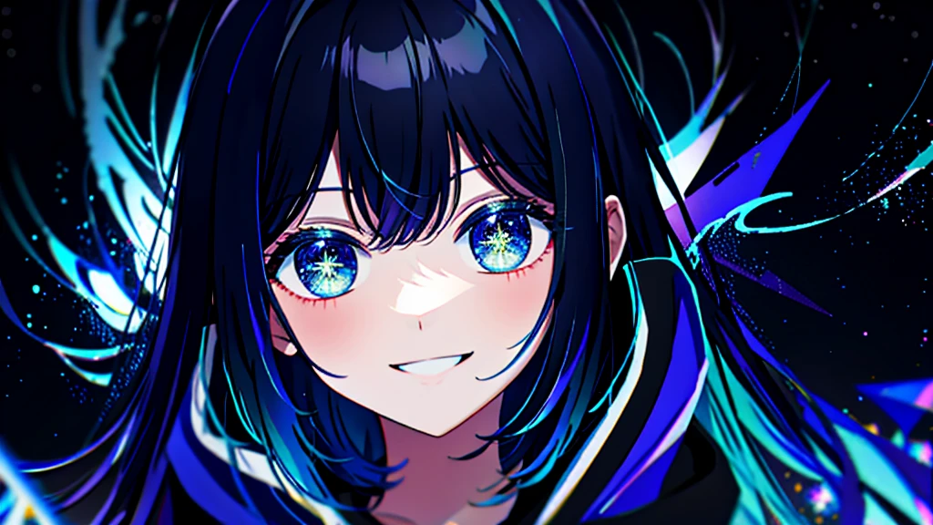 masterpiece, Highest quality, 8K,Detailed Background, masterpiece, Highest quality, smile, ornament, hoodie, Portraiture, Blue Neon, graffiti, dark, night, Shining Eyes, Black light