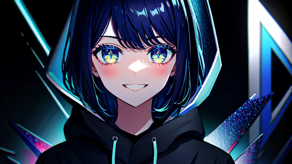 masterpiece, Highest quality, 8K,Detailed Background, masterpiece, Highest quality, smile, ornament, hoodie, Portraiture, Blue Neon, graffiti, dark, night, Shining Eyes, Black light