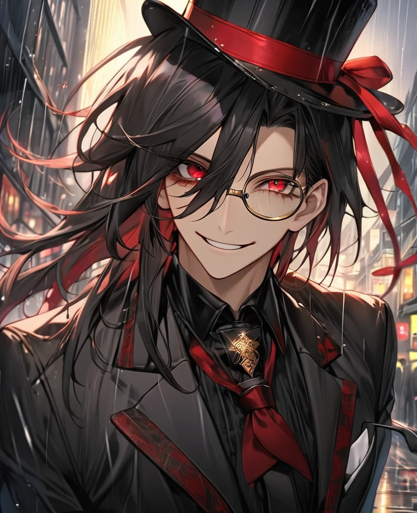 (black_hair), (red_Blood_eyes), (detailed_eyes), (crazy_smile), (attractive), (night_city_background), (raining), (glowing_eyes), (male), (wearing _a_black_suit), (long_male_hair), (detailed_Hair), (detailed), (detailed_mouth), (monocle), wears a black top hat with a red ribbon edged trim,