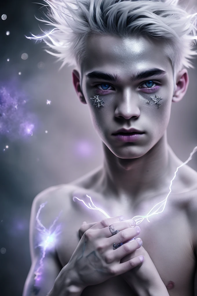 1boy, silver hair, violet eyes, powerful aura, magical tattoos, ethereal glow, light particles, high contrast, dynamic, epic scene,