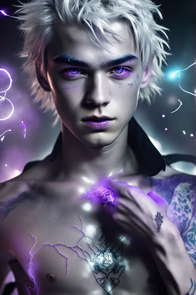 1boy, silver hair, violet eyes, powerful aura, magical tattoos, ethereal glow, light particles, high contrast, dynamic, epic scene,