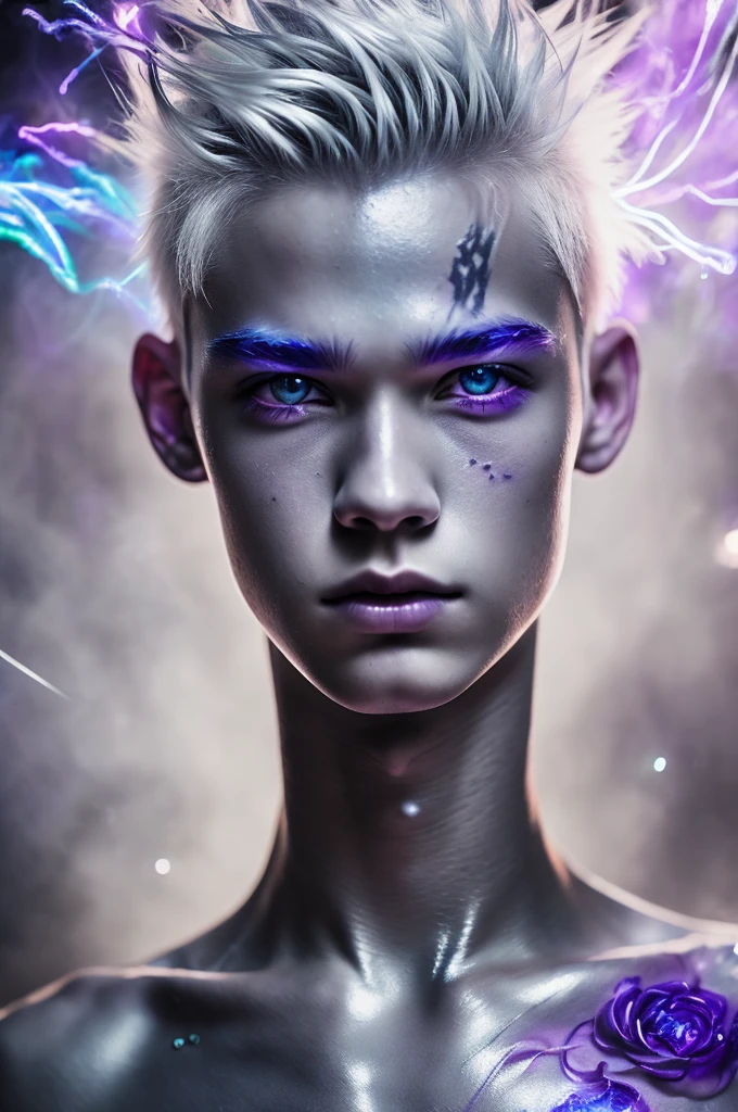 1boy, silver hair, violet eyes, powerful aura, magical tattoos, ethereal glow, light particles, high contrast, dynamic, epic scene,