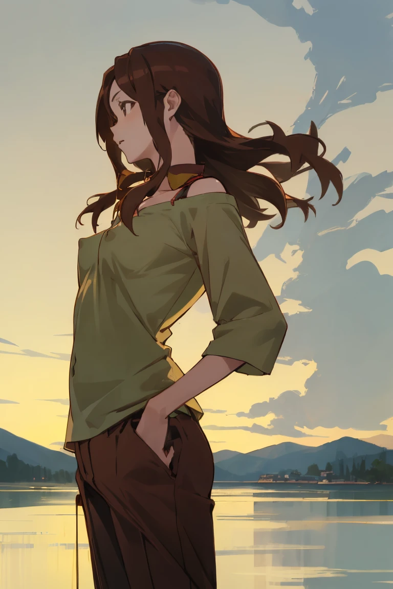 Lake Izu,((Highest quality)), ((masterpiece)), (be familiar with), One female,(Small breasts),Long Hair, Brown Hair, Brown eyes,Light green shirt,Exposing shoulders,Erect nipples,brown pants